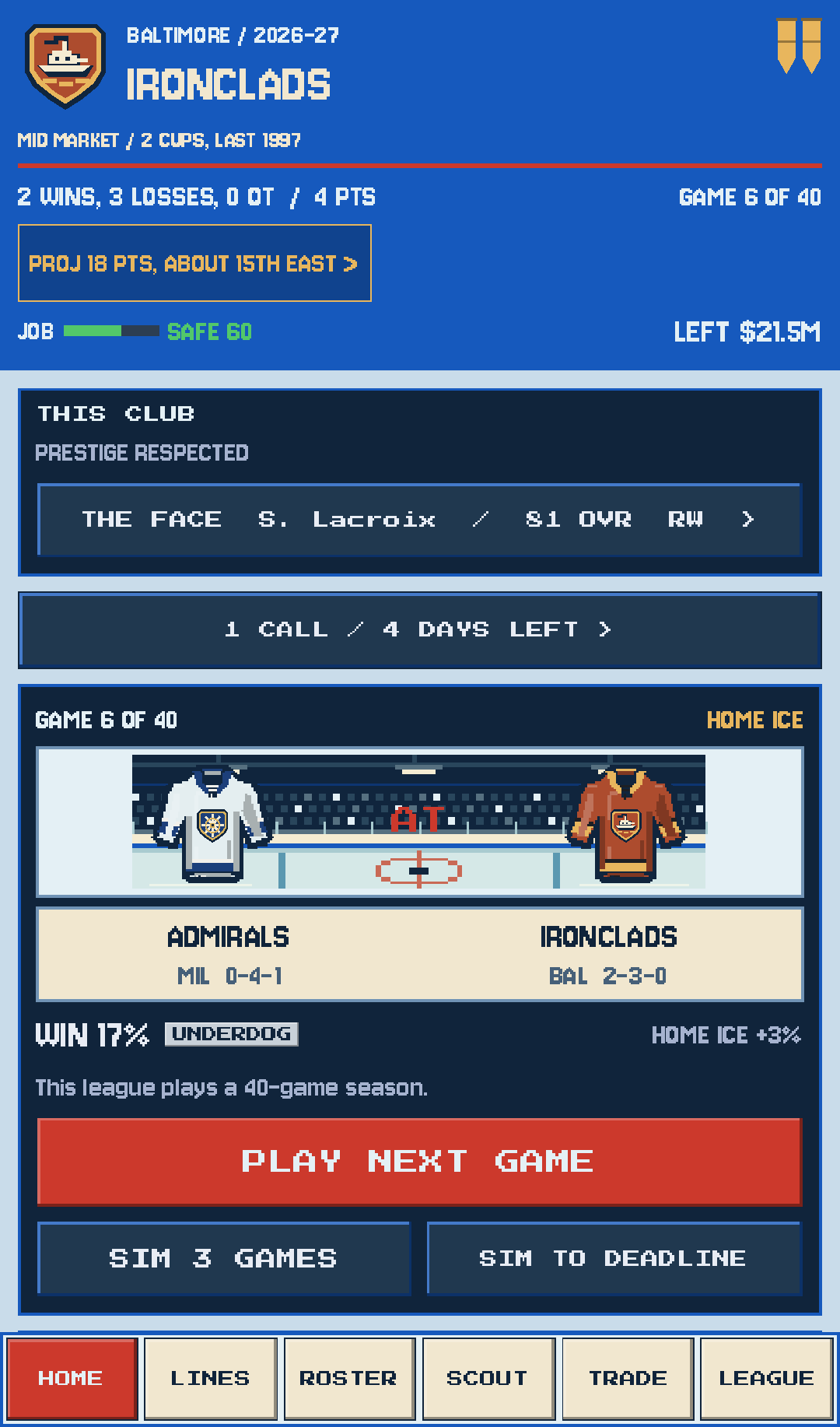 FACEOFF home screen: Baltimore Ironclads, your job security, and the next matchup